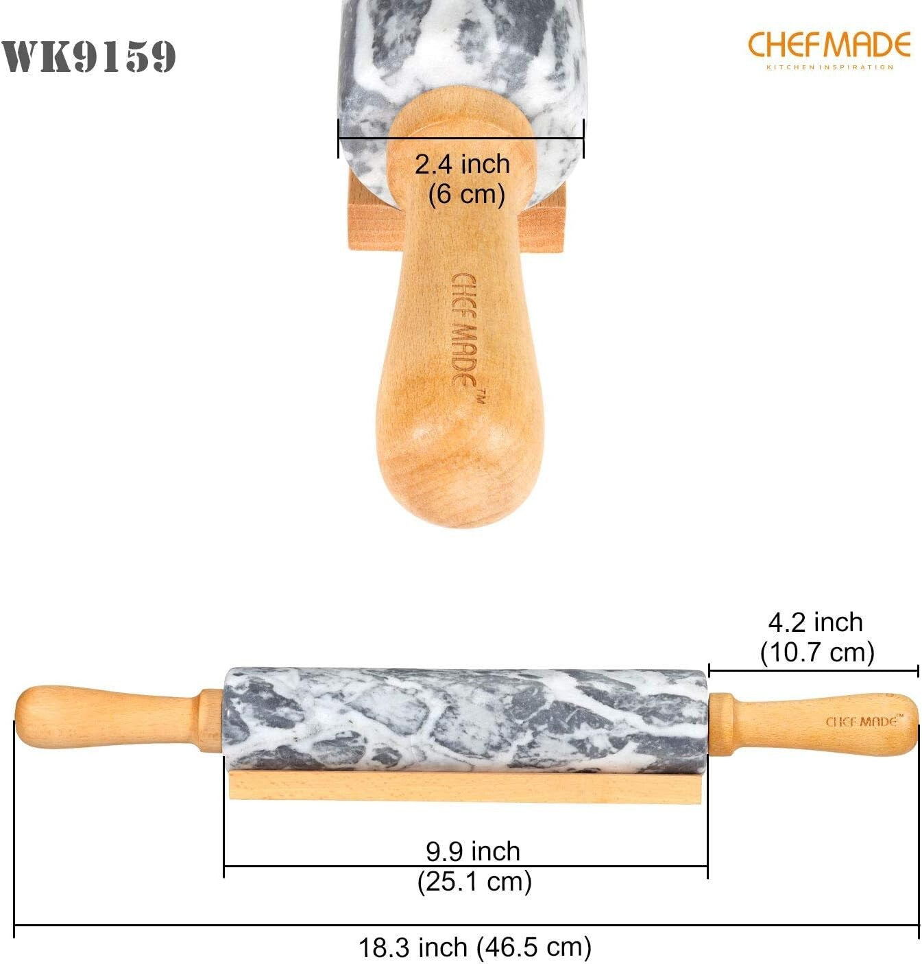 Elegant 18-Inch Marble Rolling Pin with Wooden Handles - Non-Stick Gray & White