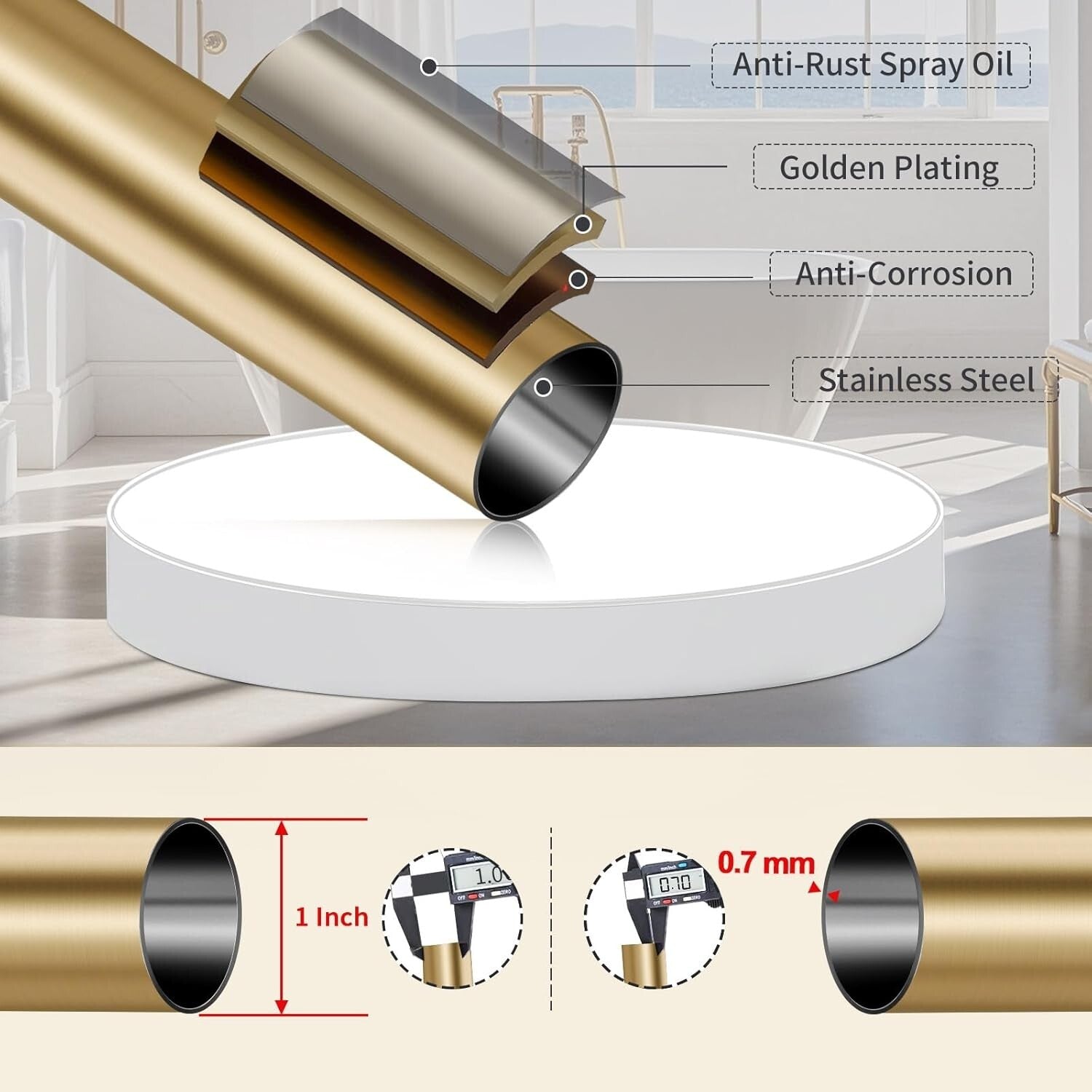 Versatile Gold Tension Shower Rod 34-96 Inches - Ideal for Bathrooms or Kitchens