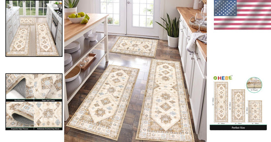 Elegant 3-Piece Kitchen Rug Set with Runner - Non-Slip & Stain Resistant
