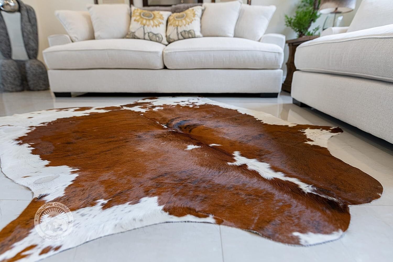 Rustic & Durable Brown/Cream Cowhide Rug - Unique Animal Shape 6x8 Ft Design