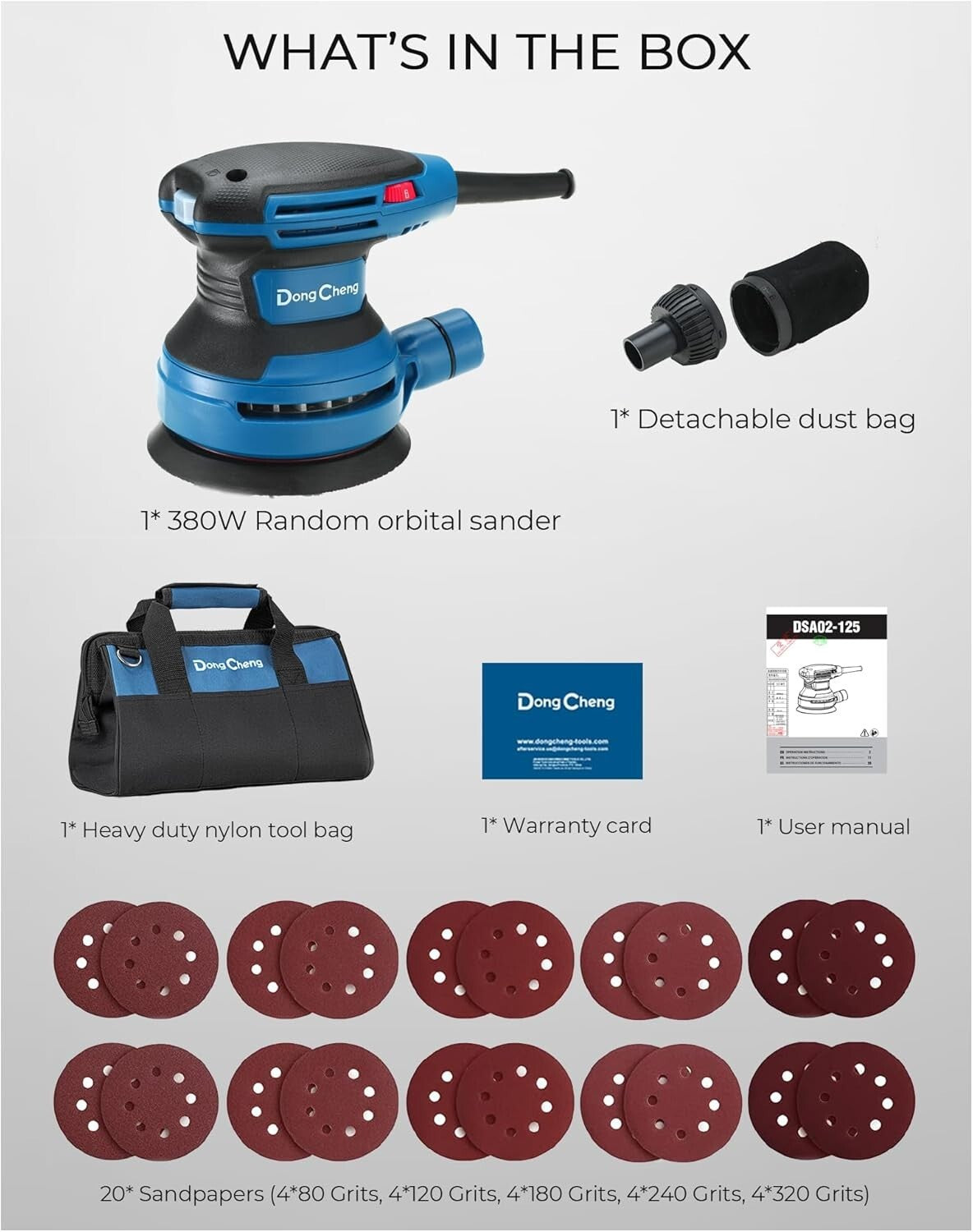 5-Inch Random Orbital Sander 380W with 20 Sandpapers & Dust Bag for Woodwork