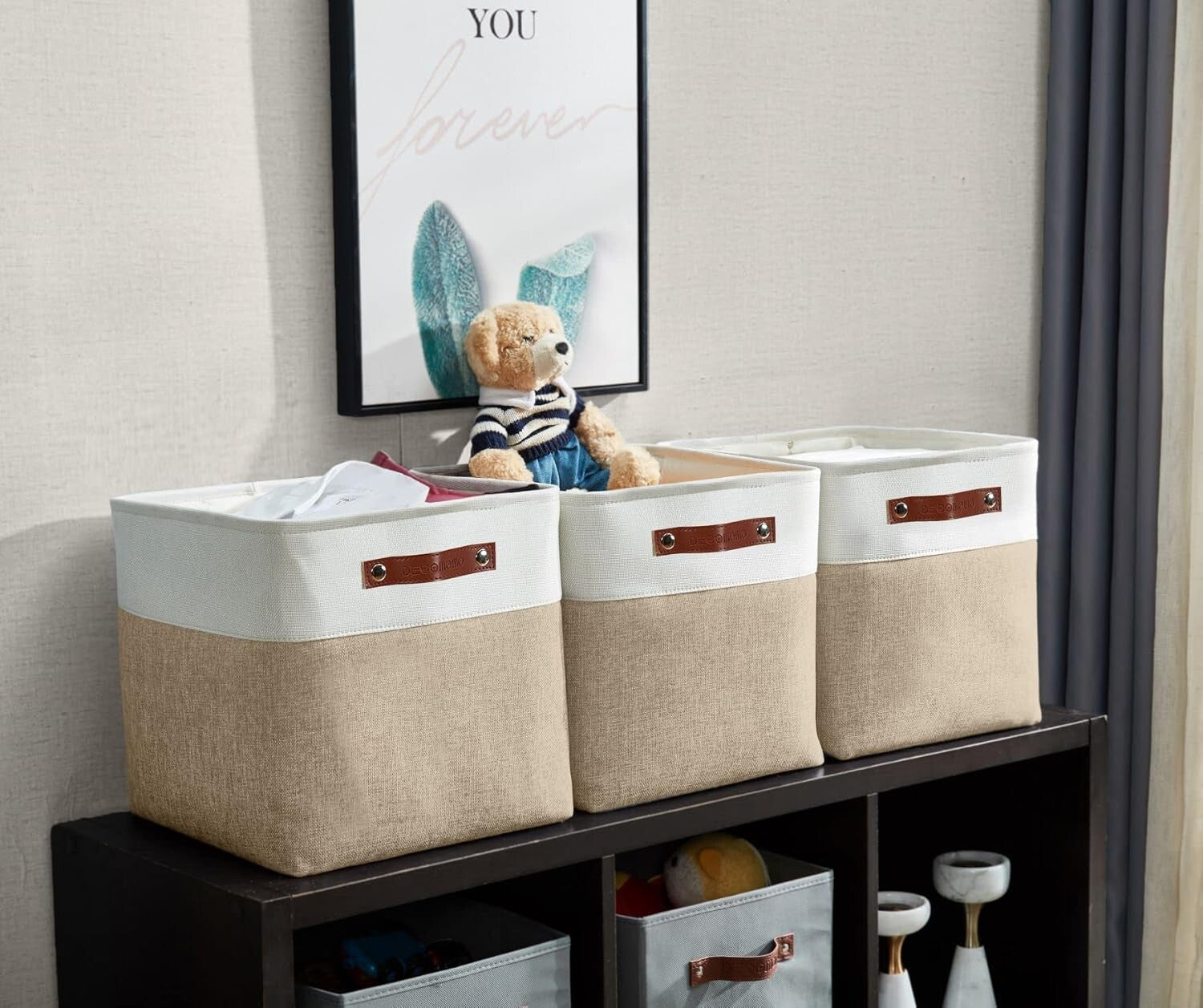 Durable 13 Inch Cube Storage Bins - Beige & White - Perfect for Organizing