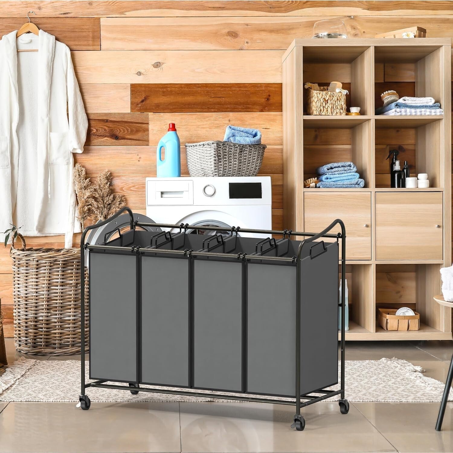 Durable 4-Bag Laundry Sorter with Smooth-Rolling Wheels - Modern Design