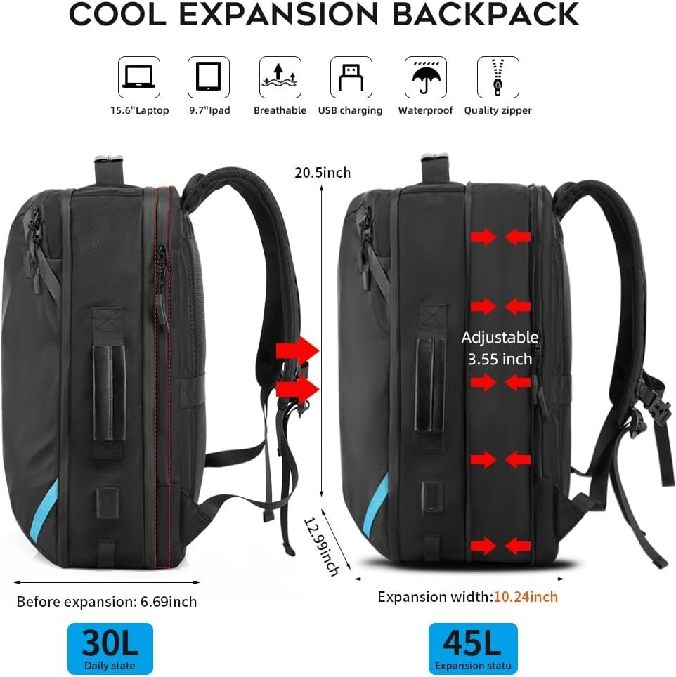 Durable Vacuum Compression Backpack with Water Resistance and USB Port - 45L
