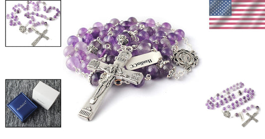 Luxury Amethyst Crystal Rosary Necklace with Detailed Engravings & Faux-Silver