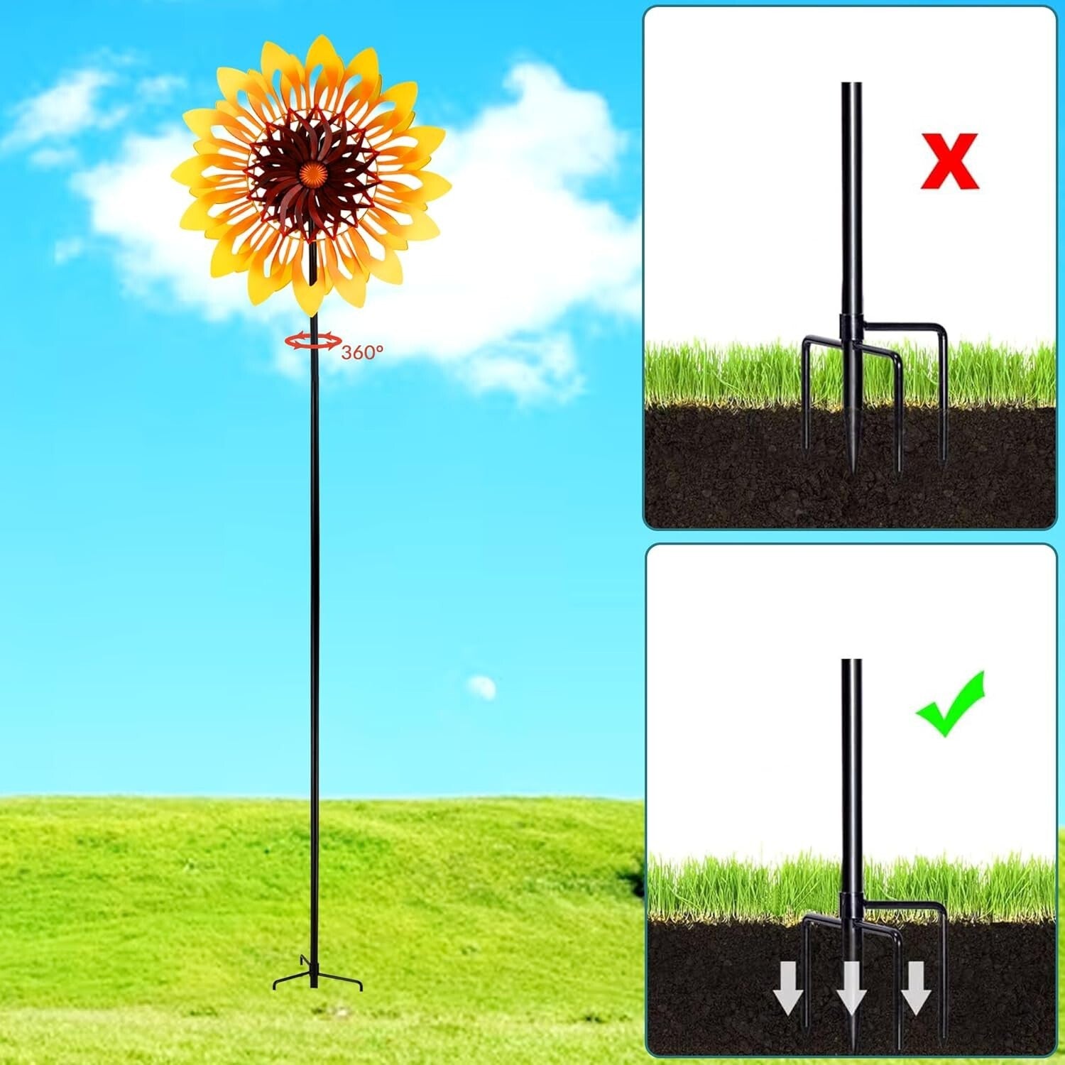 Large 76" Metal Sunflower Pinwheel with Double-Sided Fans for Outdoor Spaces