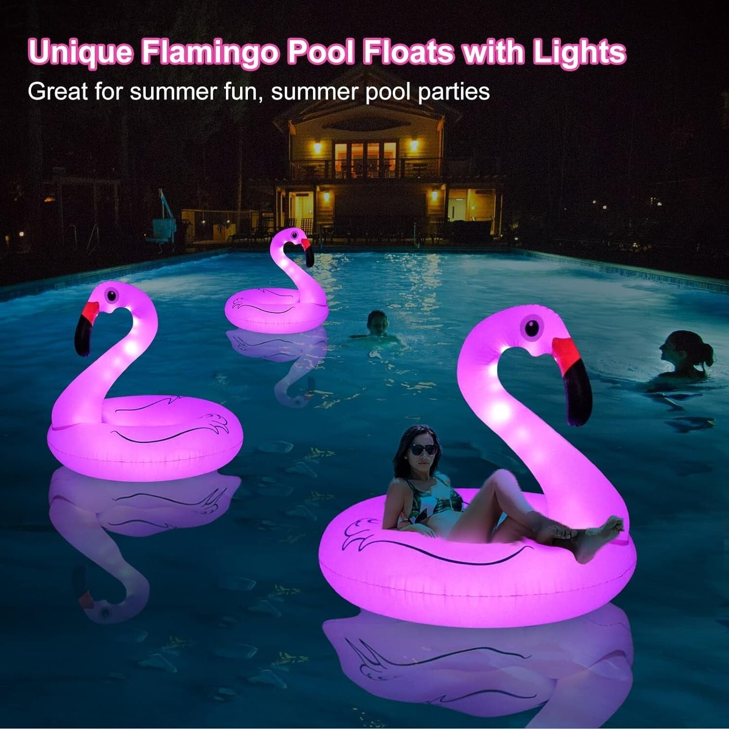 Extra Large Solar-Powered Flamingo Pool Float with LED Lights - 150 lbs Limit
