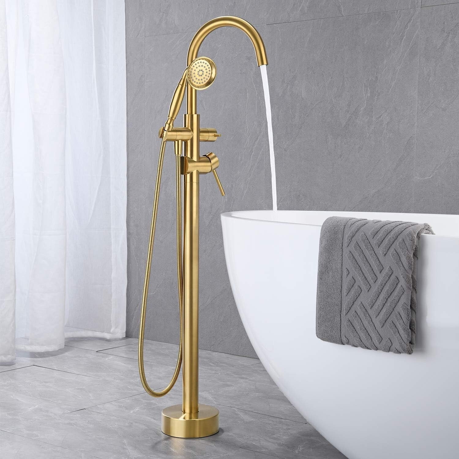 Luxury Brass Floor-Mounted Tub Filler with 30.5'' Hose - Modern Bathroom Upgrade