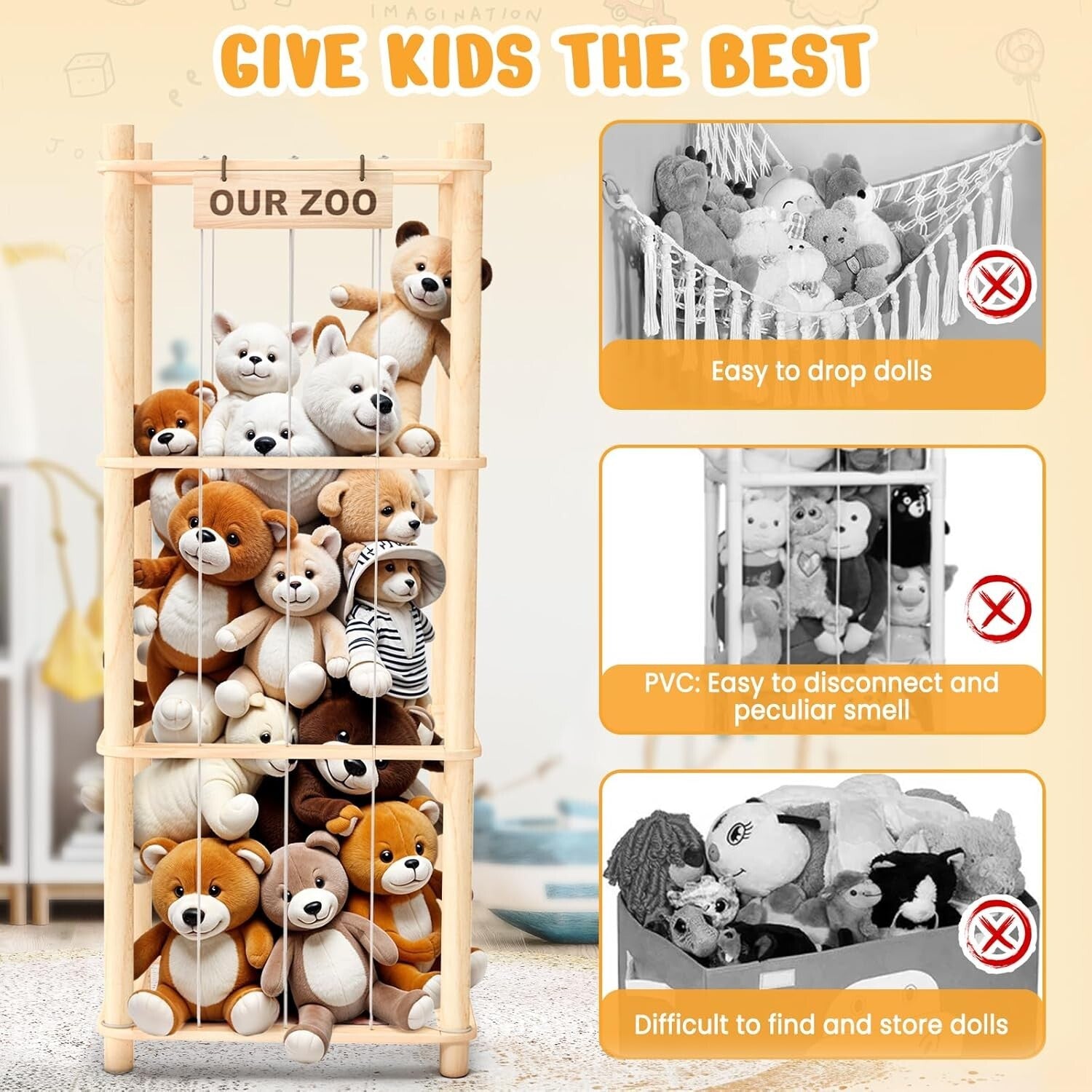 Durable Stuffed Animal Organizer with Personalizable Nameplate - 88 lbs Capacity