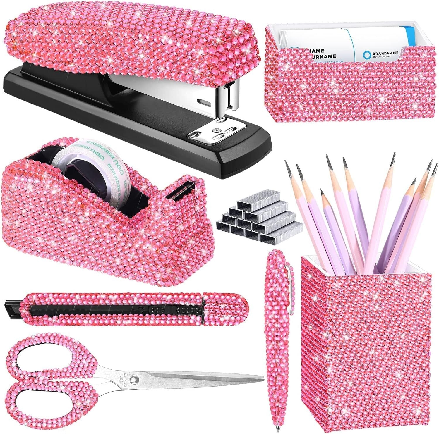 7-Piece Pink Diamond Desk Set: Scissors, Stapler, and Tape Dispenser Included