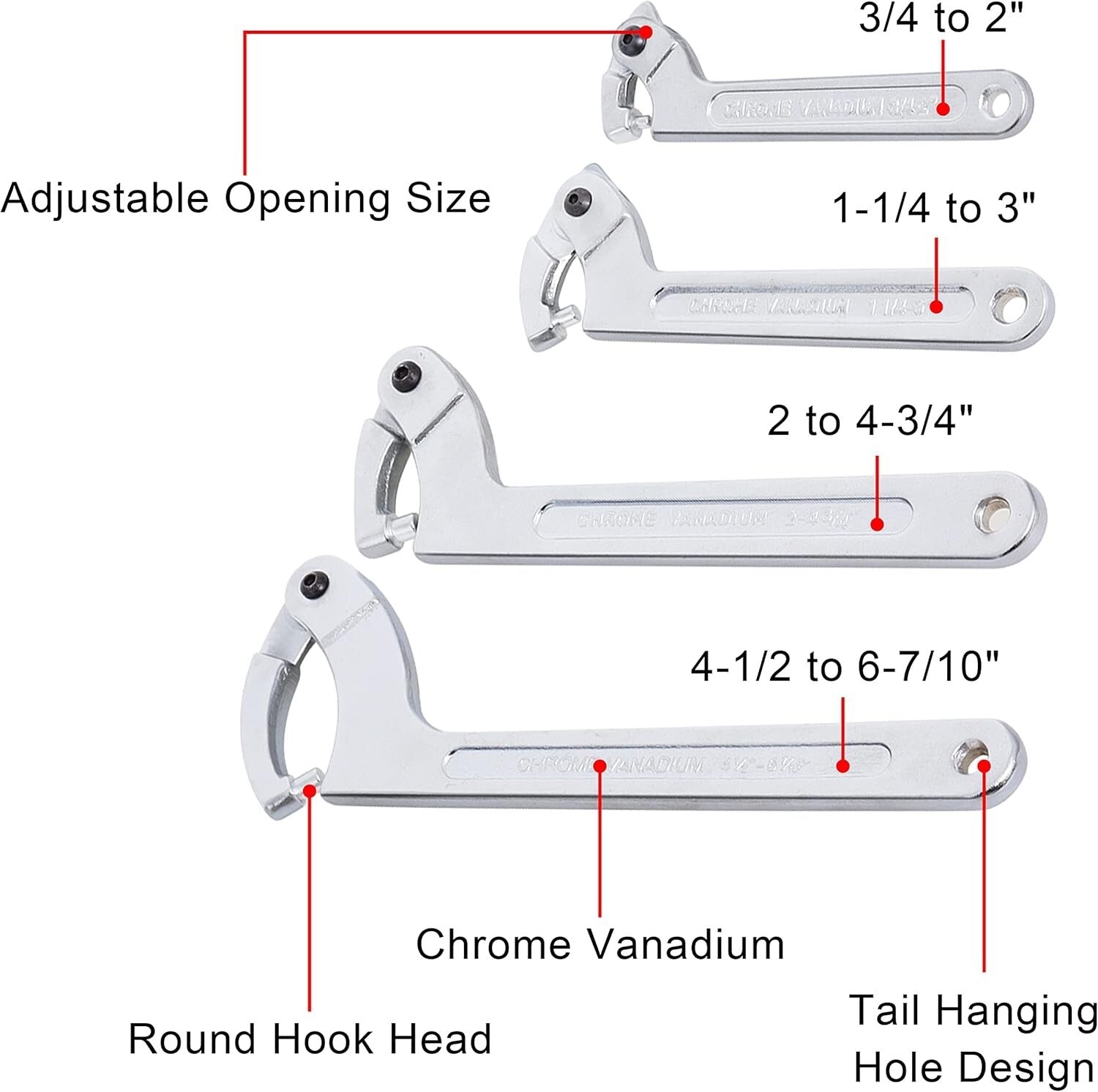 4-Piece Adjustable Spanner Hook Wrench Set for Hydraulic Ram & Mechanical Gear