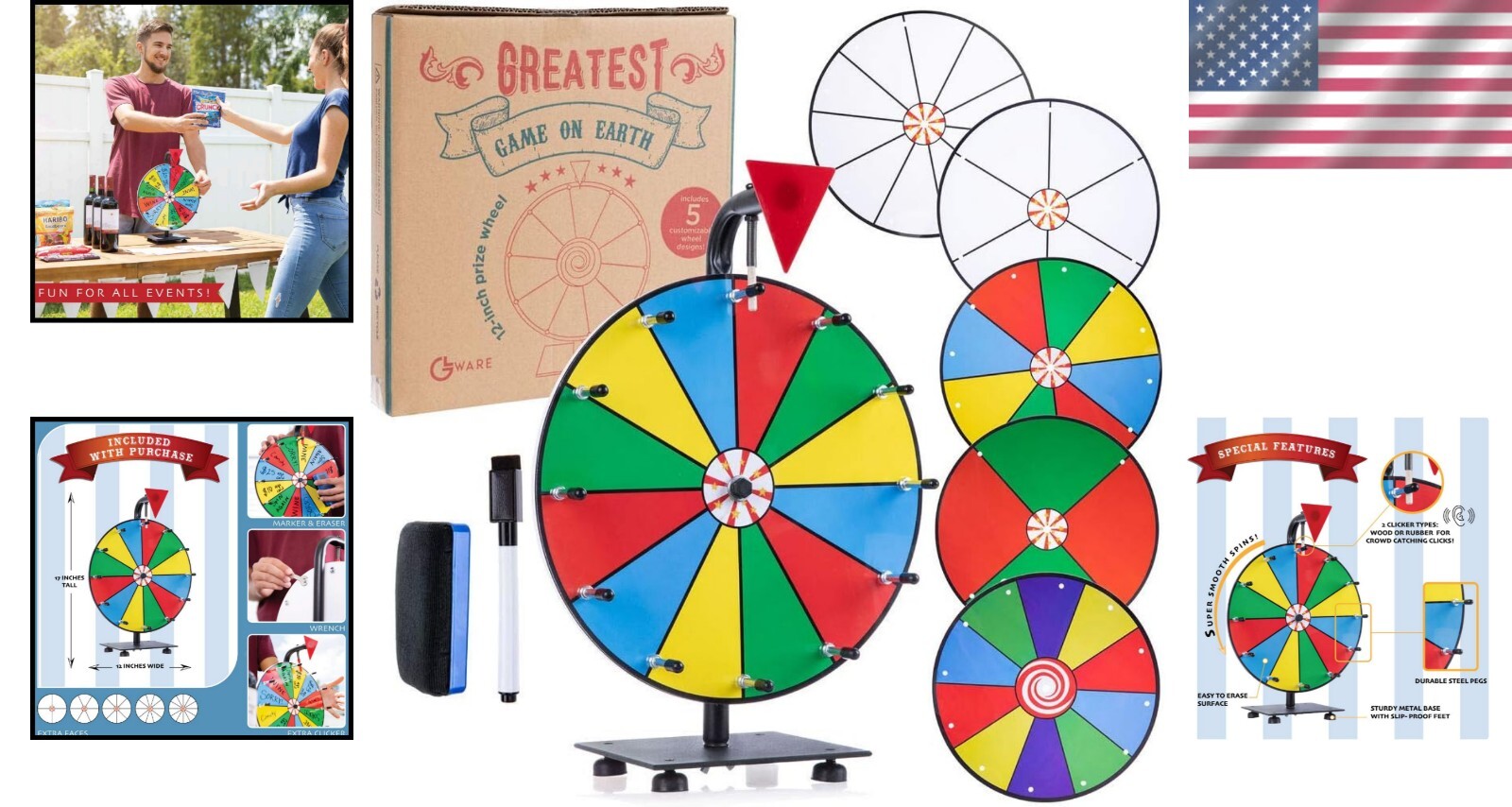 Interactive 12" Prize Wheel - Carnival Game with Dry Erase Faces & Marker Set