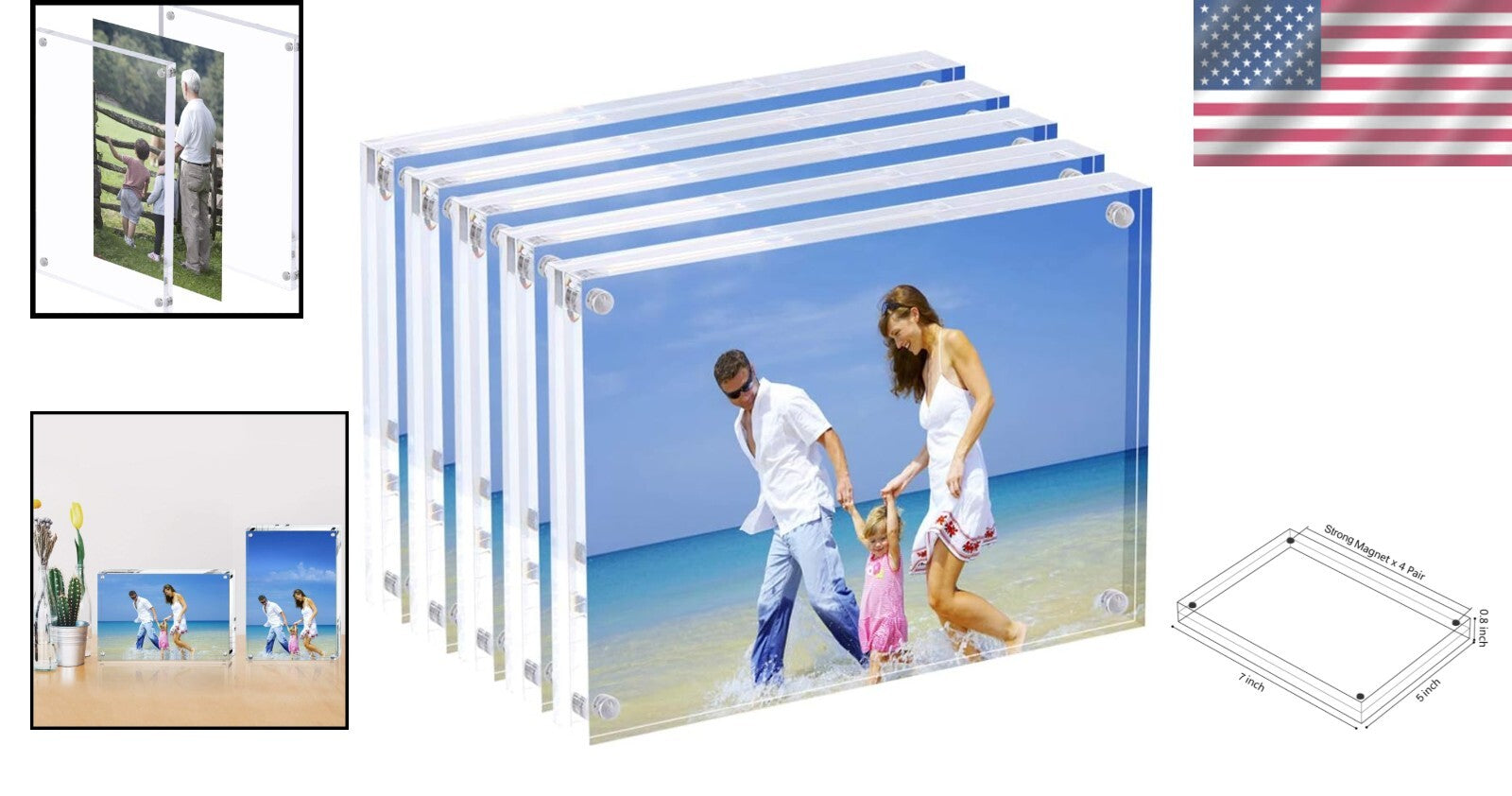 5x7 Acrylic Photo Frame Set - Elegant Magnetic Double-Sided Display (5 Pack)