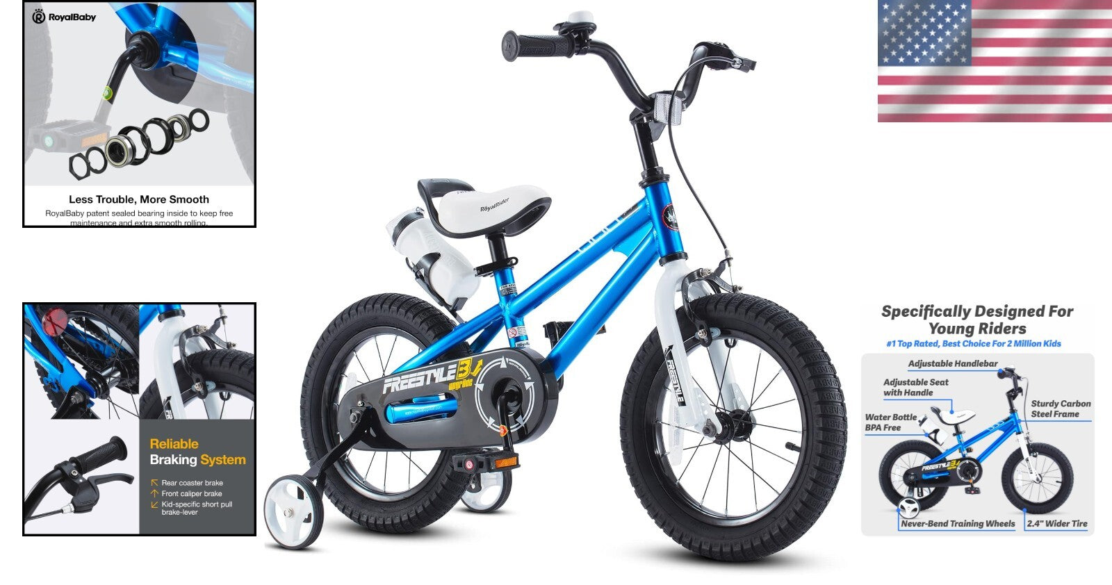 Durable Kids Freestyle Bicycle with Training Wheels & Water Bottle - 12 Inch