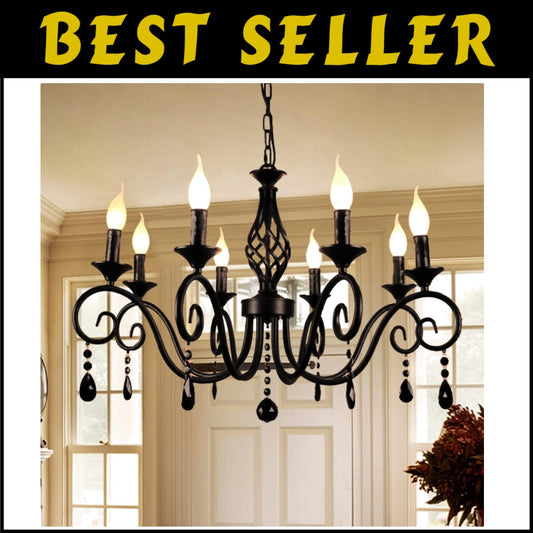 Stunning 8-Light Vintage Chandelier - Adjustable Dimming, Black & Crystal Finish
