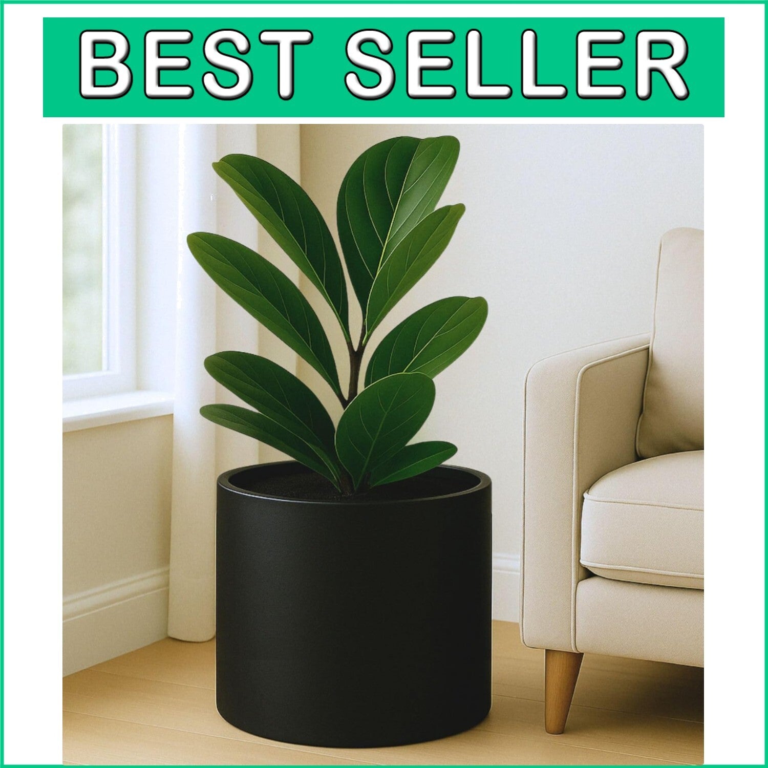 14.6 Inch XL Matte Black Fiberstone Planter with Drainage for Indoor/Outdoor