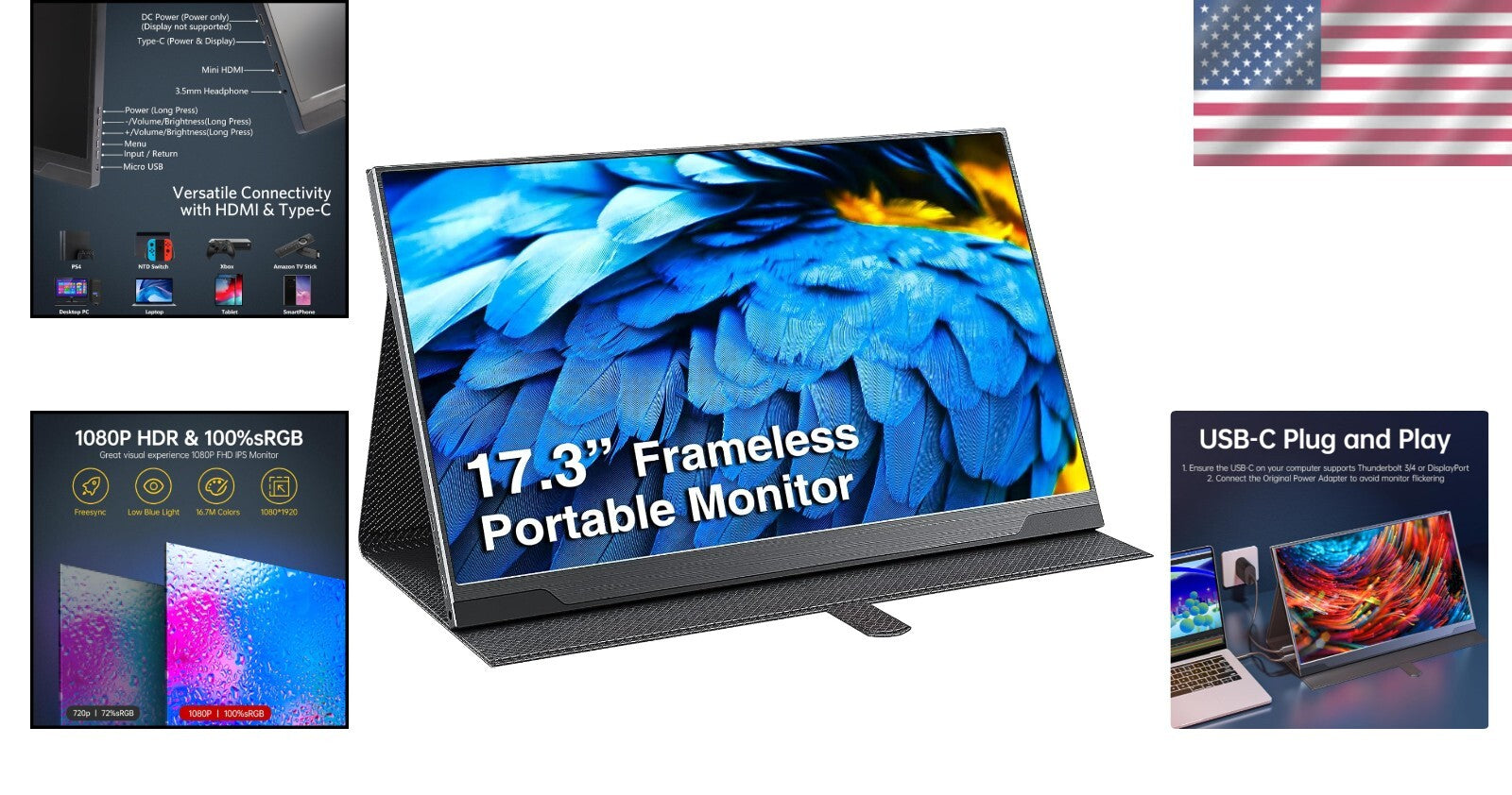 17.3-Inch FHD Portable Gaming Monitor - USB-C, HDR, FreeSync & Built-in Speakers