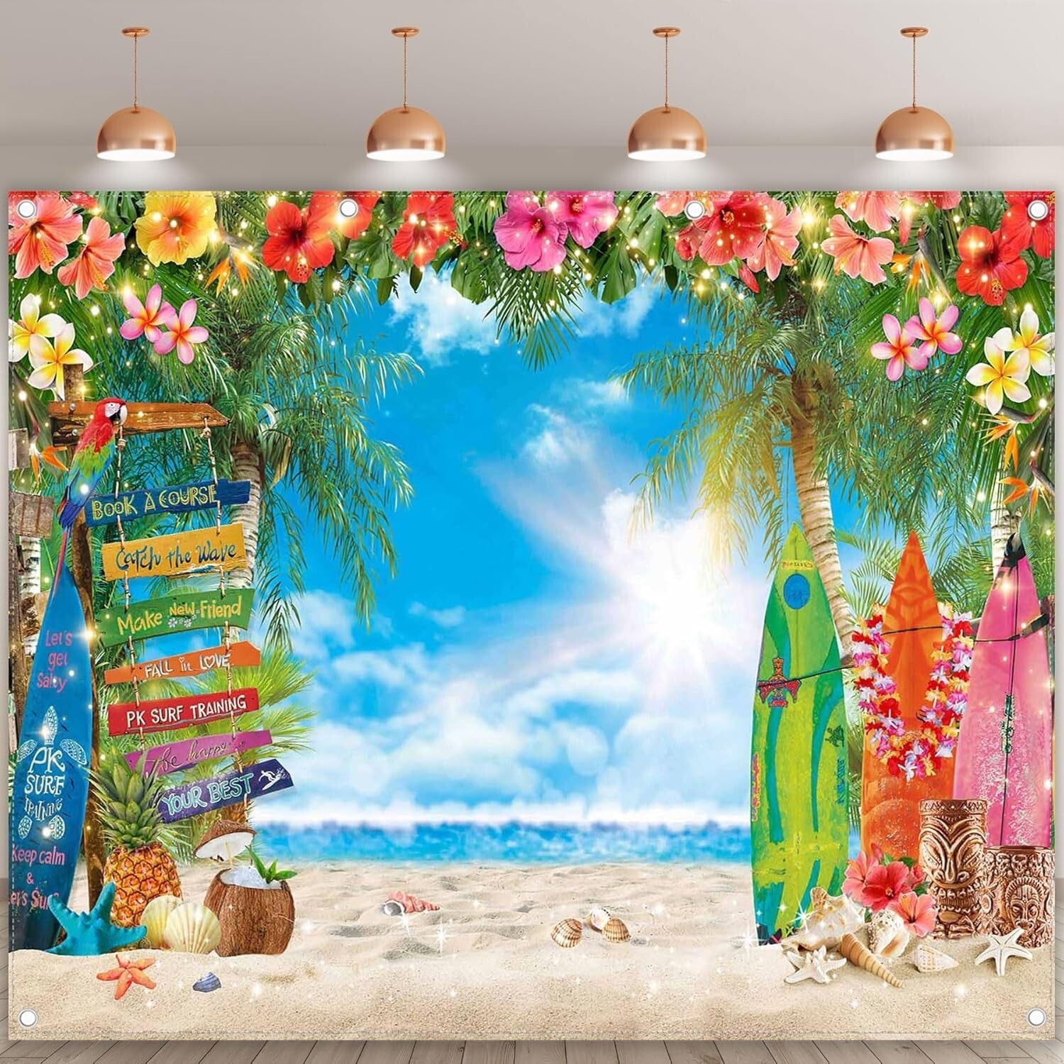 10x8ft Hawaiian Beach Backdrop with Palm Leaves & Surfboard for Aloha Parties