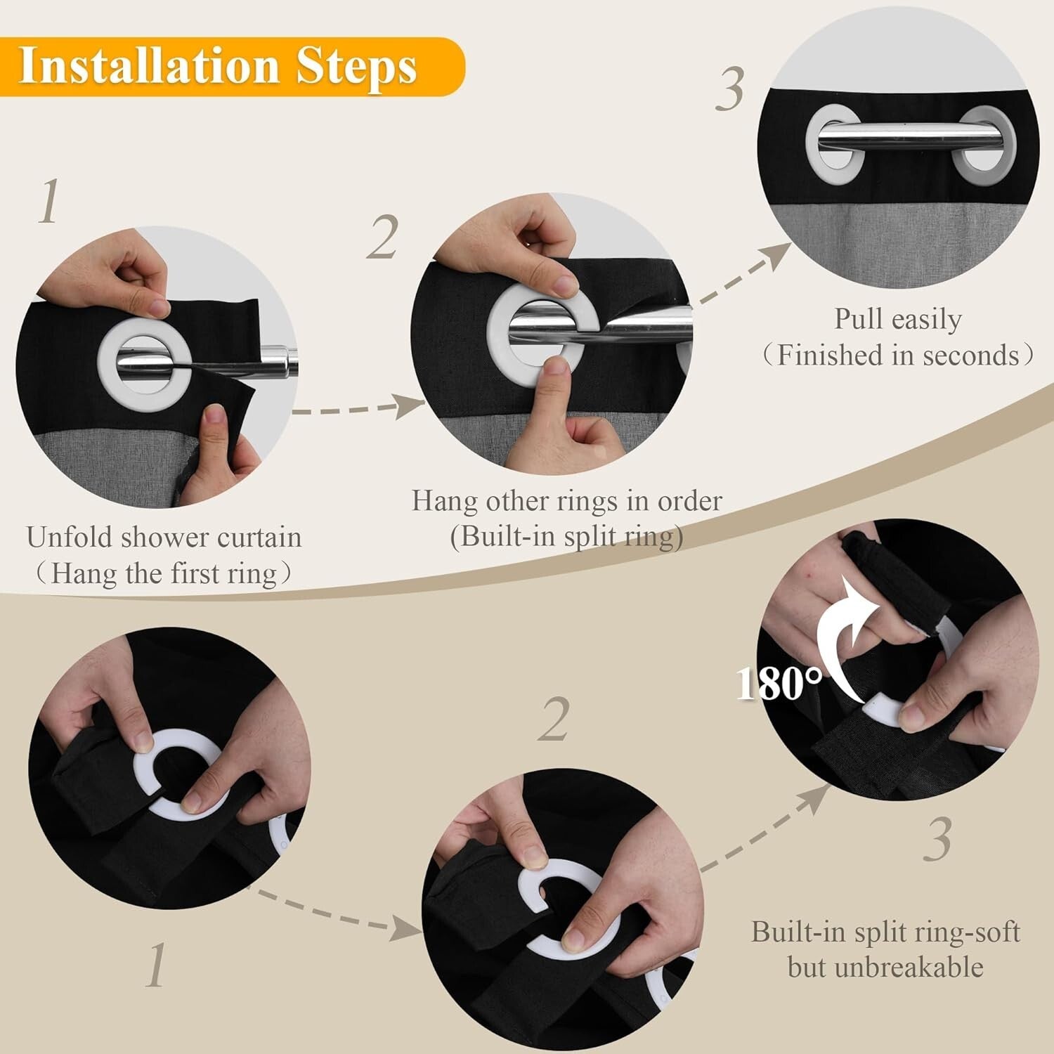 Black Hotel Luxury Shower Curtain and Liner Set with Removable Liner, 72W x 81L