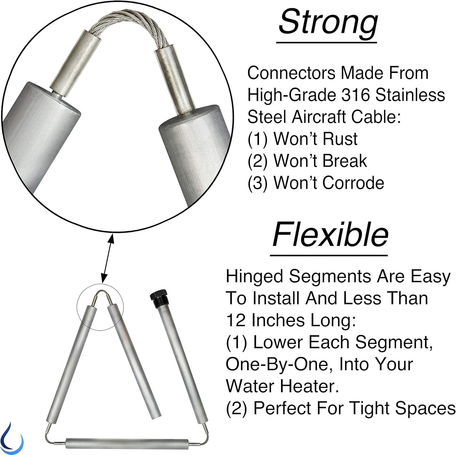 Aluminum/Zinc Anode Rod Kit with Stainless Steel Connectors for Water Heaters