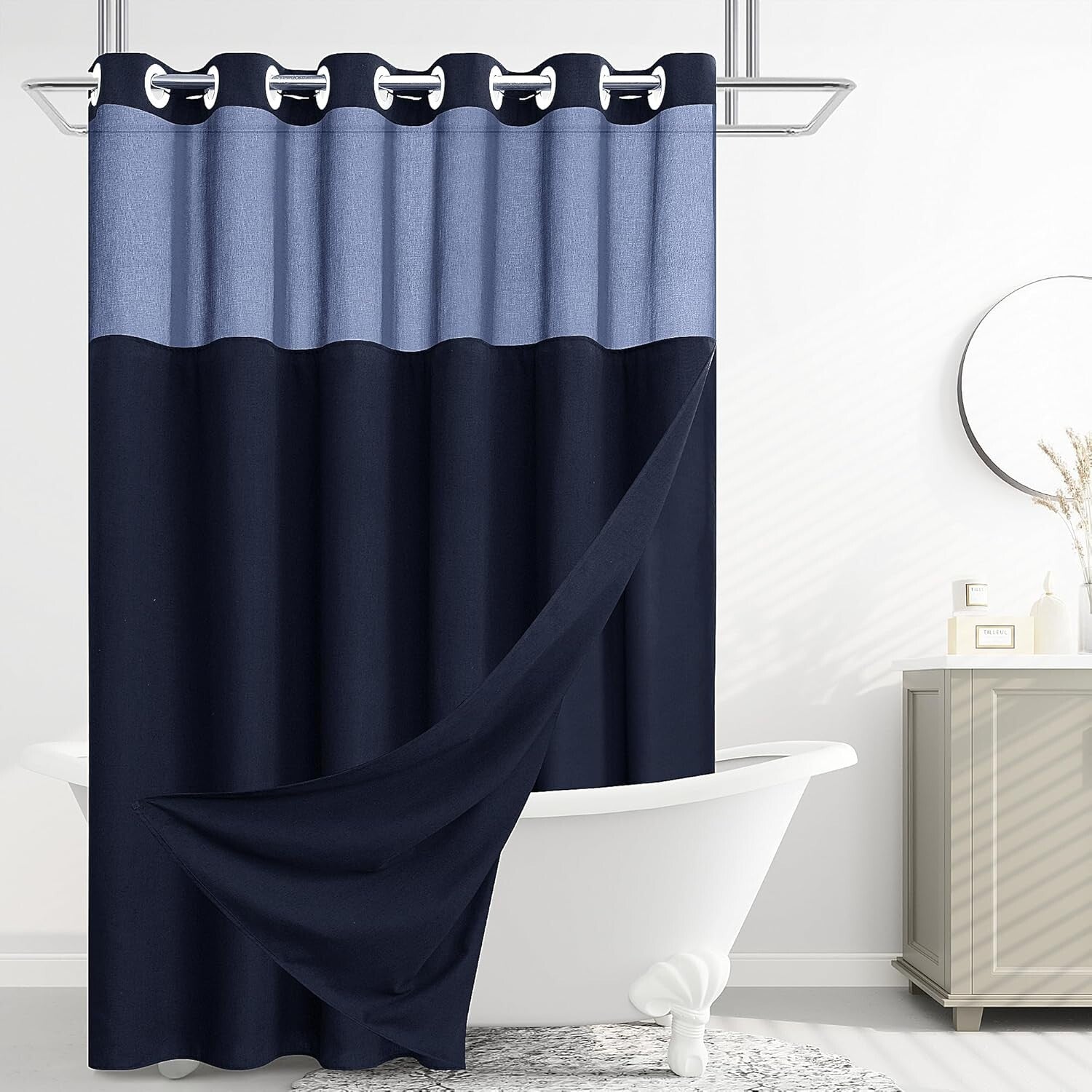 Elegant Navy Blue Shower Curtain with See-Through Top Window - Easy Installation