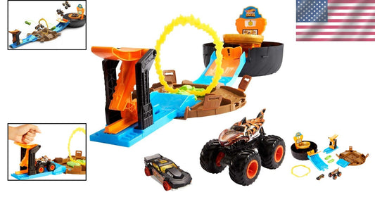 5-in-1 Monster Trucks Tire Arena - Launcher, Stunt Flip, 2 Mini Cars Included