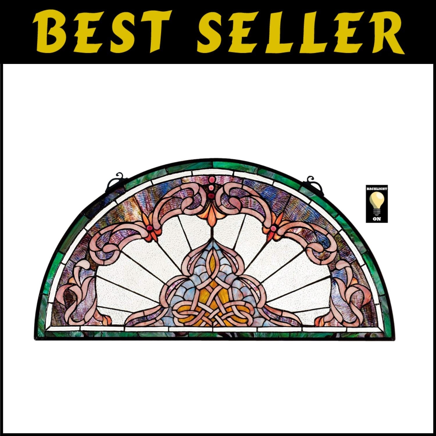 Victorian-Inspired Stained Glass Window Panel - 32'' Demi-Lune Amethyst Elegance