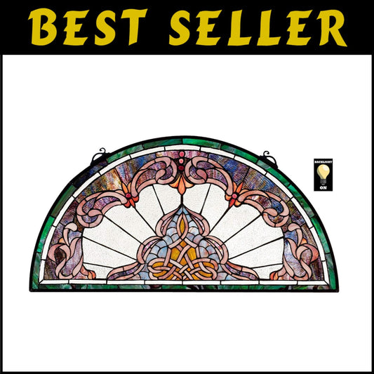 Victorian-Inspired Stained Glass Window Panel - 32'' Demi-Lune Amethyst Elegance