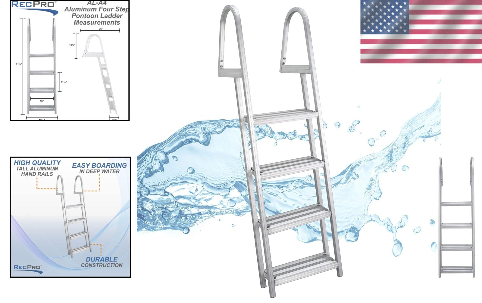 4-Step Removable Aluminum Boarding Ladder with Comfortable Steps & Handrails