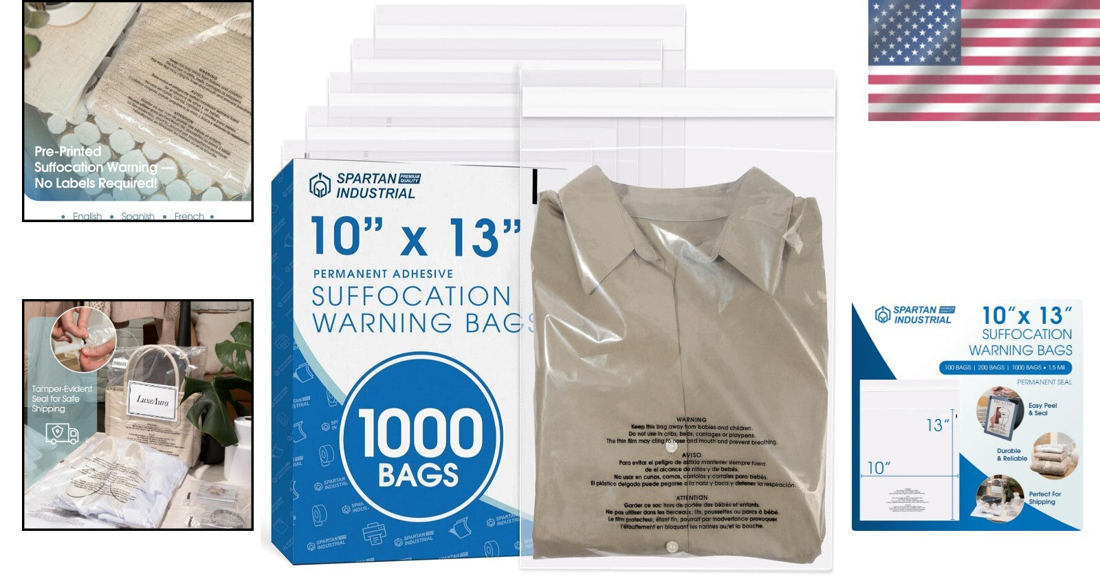 Durable 10" x 13" Self-Sealing Poly Bags - 1000 Pack with Permanent Adhesive