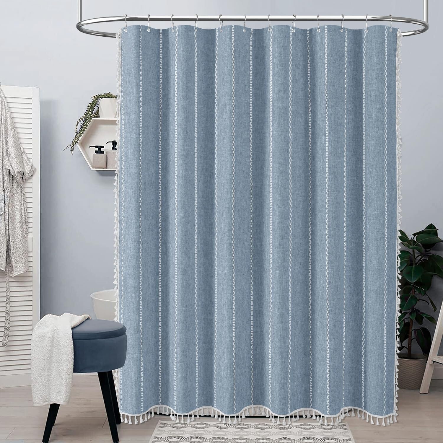 72x84 Bohemian Farmhouse Shower Curtain with Tassel Detail - Blue Elegance