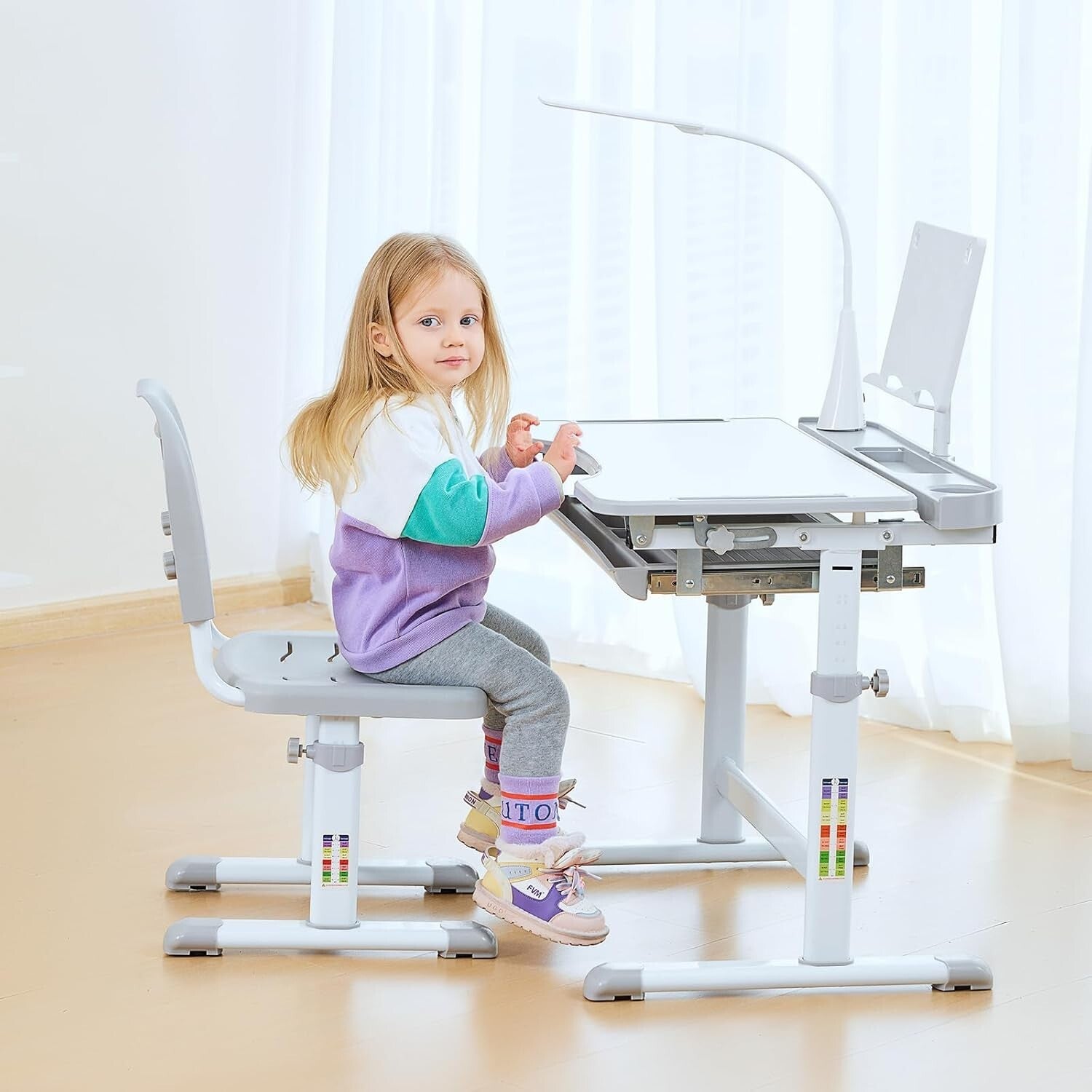 Durable Kids Desk and Chair Set with Adjustable Height and LED Lamp for Learning
