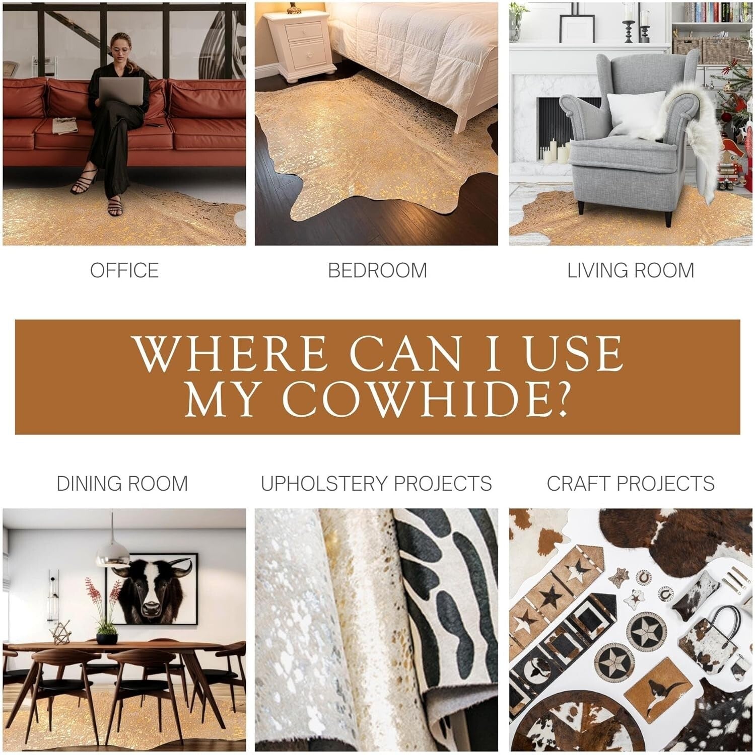 Large Metallic Gold On Off White Cowhide Area Rug - Unique 6x8 Ft. Animal Shape