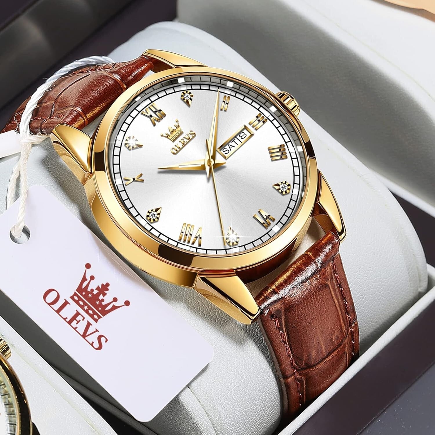 Elegant 39mm Brown Leather Dress Watch with Gold Case & Waterproof Feature