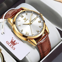 Load image into Gallery viewer, Elegant 39mm Brown Leather Dress Watch with Gold Case &amp; Waterproof Feature