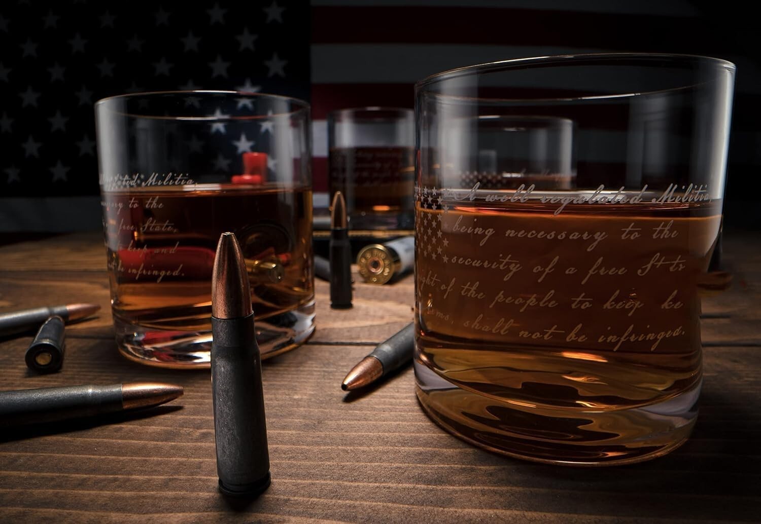 Patriotic Whiskey Rocks Glasses Set with Elegant Wood Tray - 2nd Amendment Gift