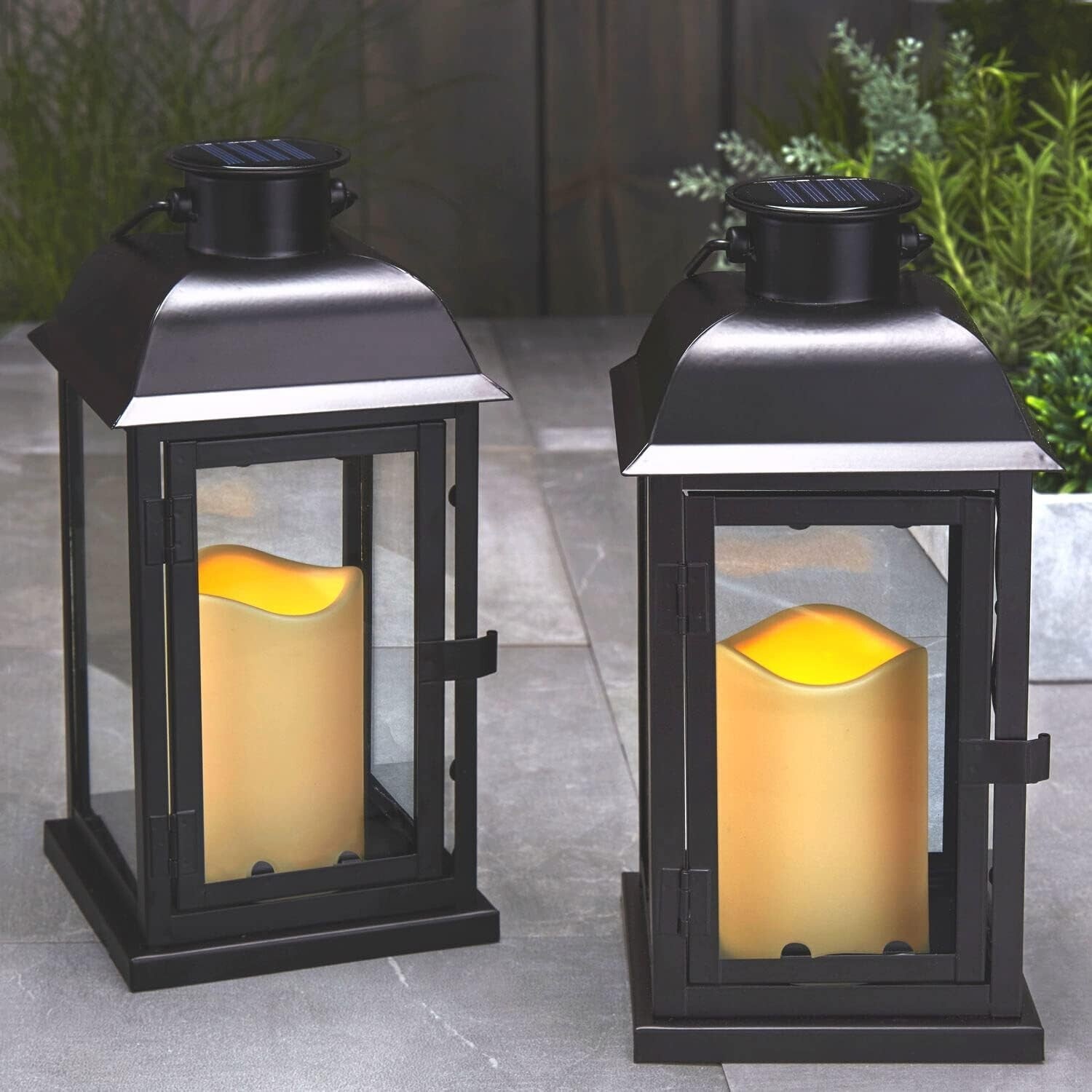 Modern 11 Inch Tall Solar Lantern Set with Stylish Black Metal and Glass Design