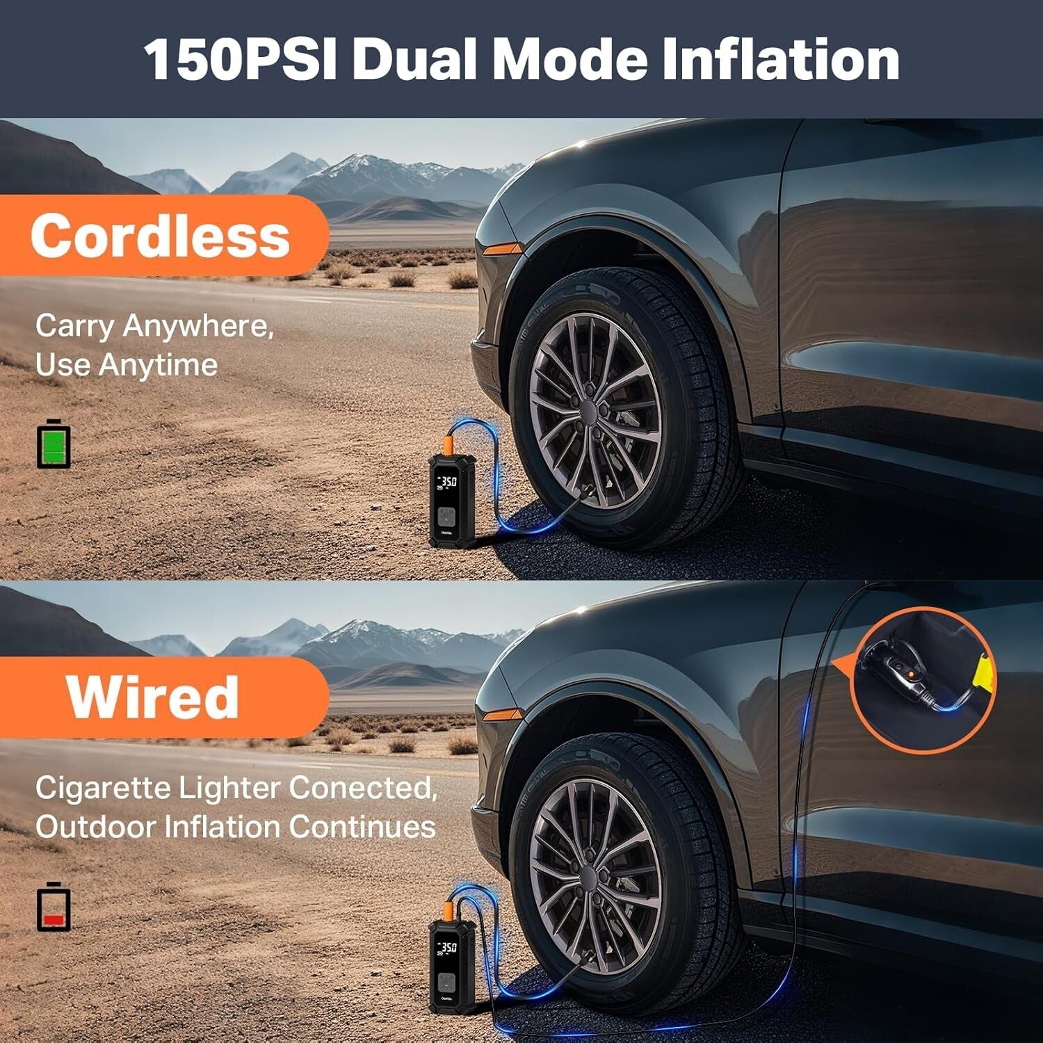 Fast Charging 9000mAh Cordless Tire Inflator with 5 Accessories and Storage Bag