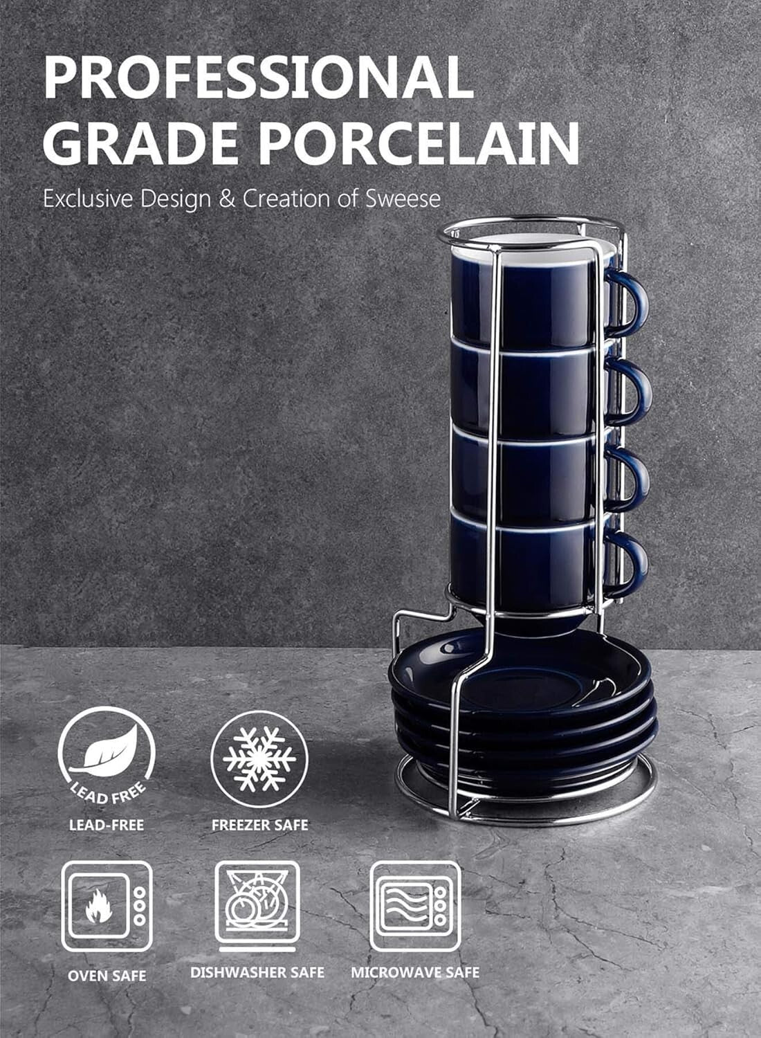 Set of 4 Stackable 4oz Espresso Cups with Saucers & Stand - Navy Comfort