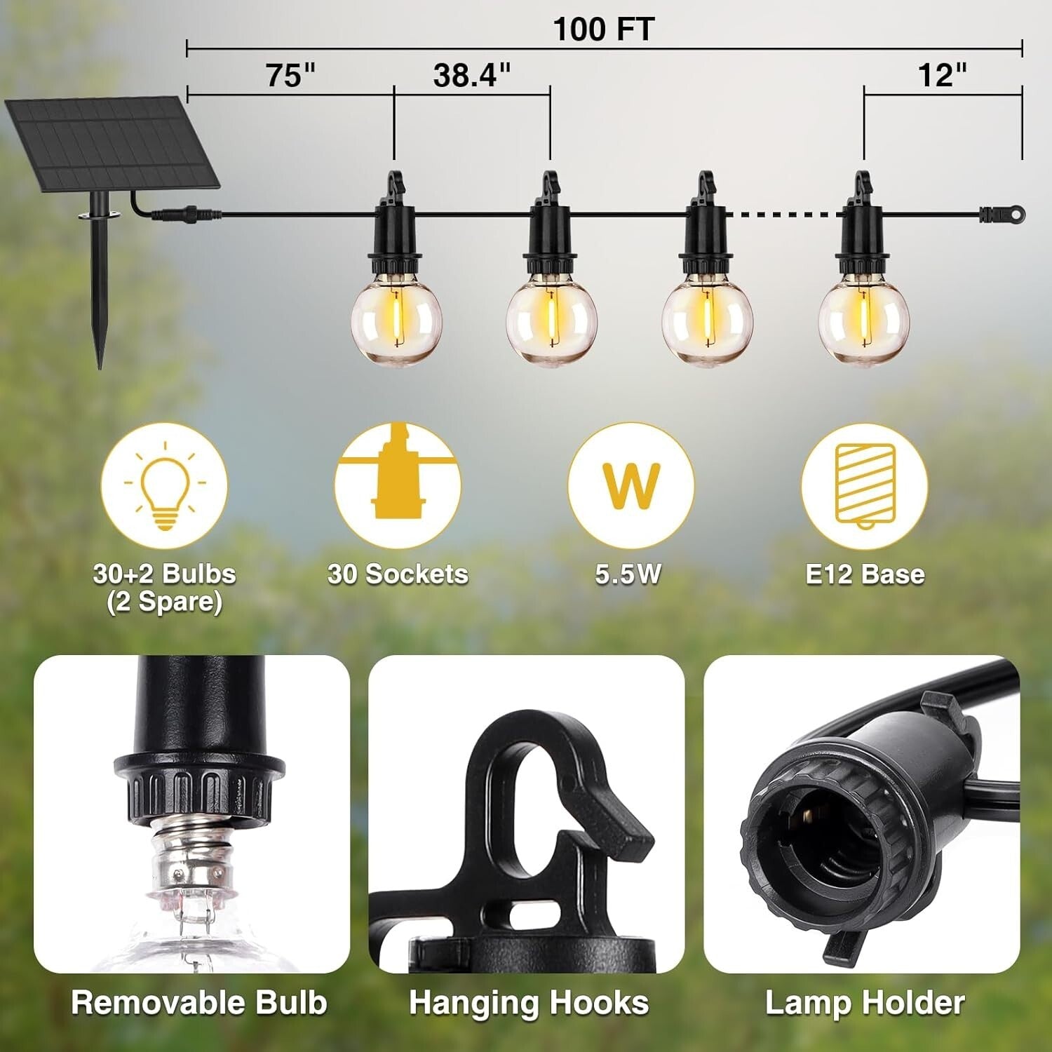100FT Solar Outdoor String Lights - 30 Shatterproof Edison Bulbs, Remote Control