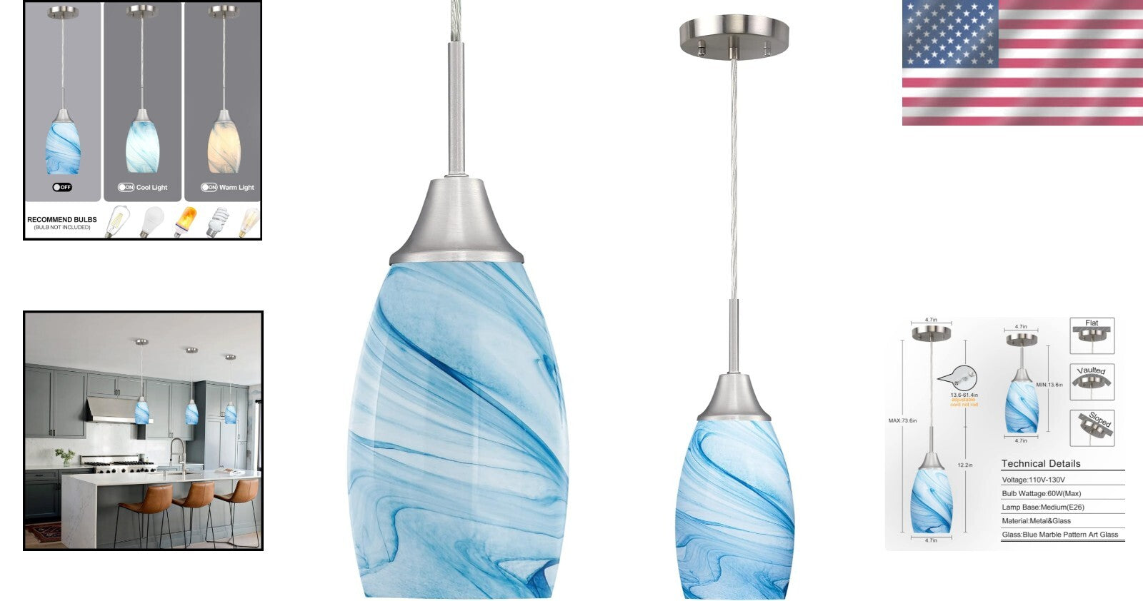 4.72" Adjustable Handblown Blue Glass Pendant Light - Art Deco Style Chandelier