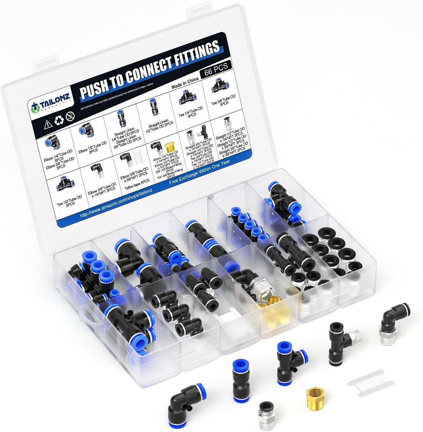 Durable Copper and Plastic Pneumatic Fittings - 66-Piece Set for Professionals