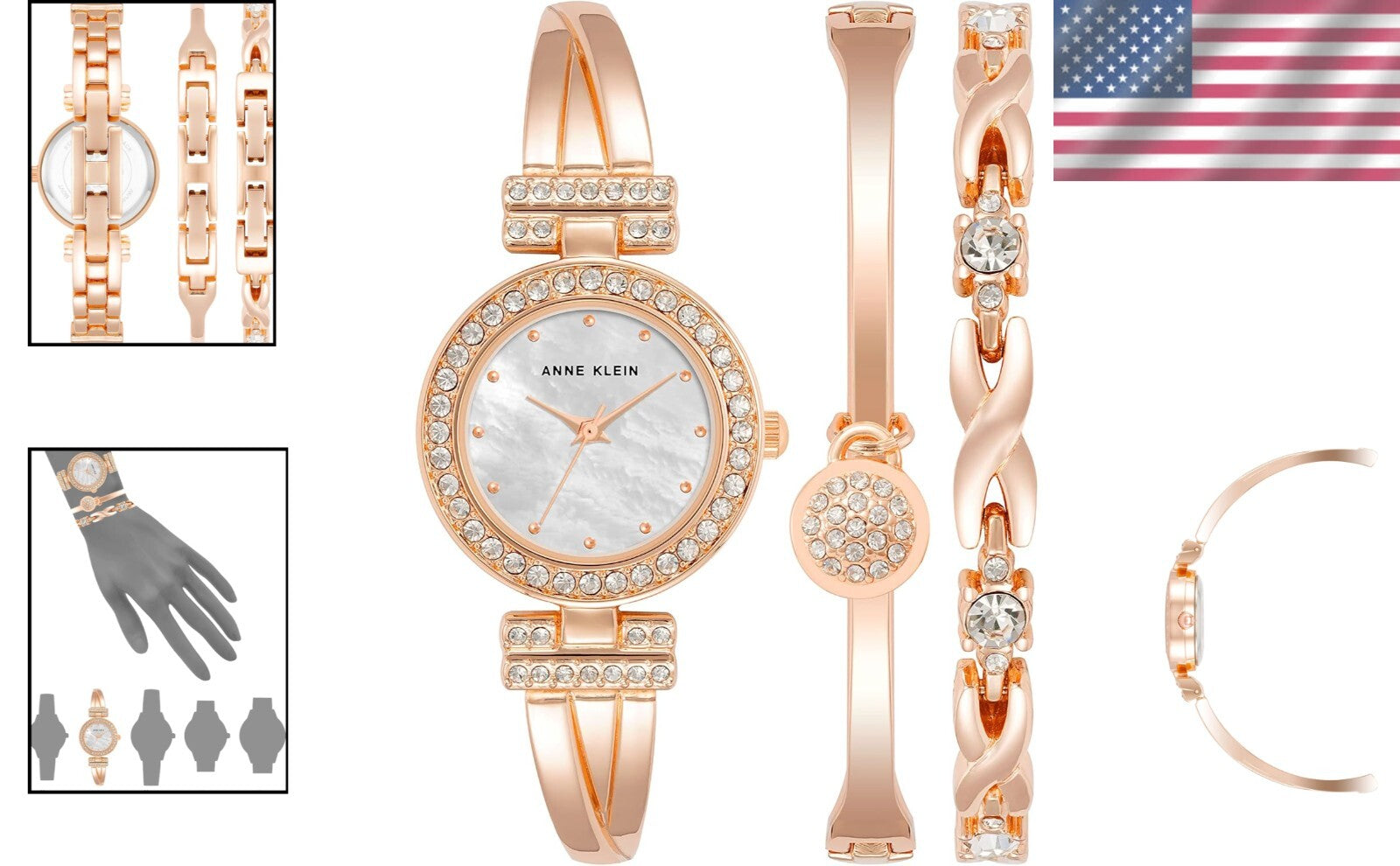 Women's Luxury Rose Gold Crystal Bangle Watch & 2 Bracelet Set - Elegant Gift