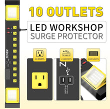 Load image into Gallery viewer, Versatile 10 Outlet Surge Protector with USB &amp; LED Worklight - Garage/Office Use