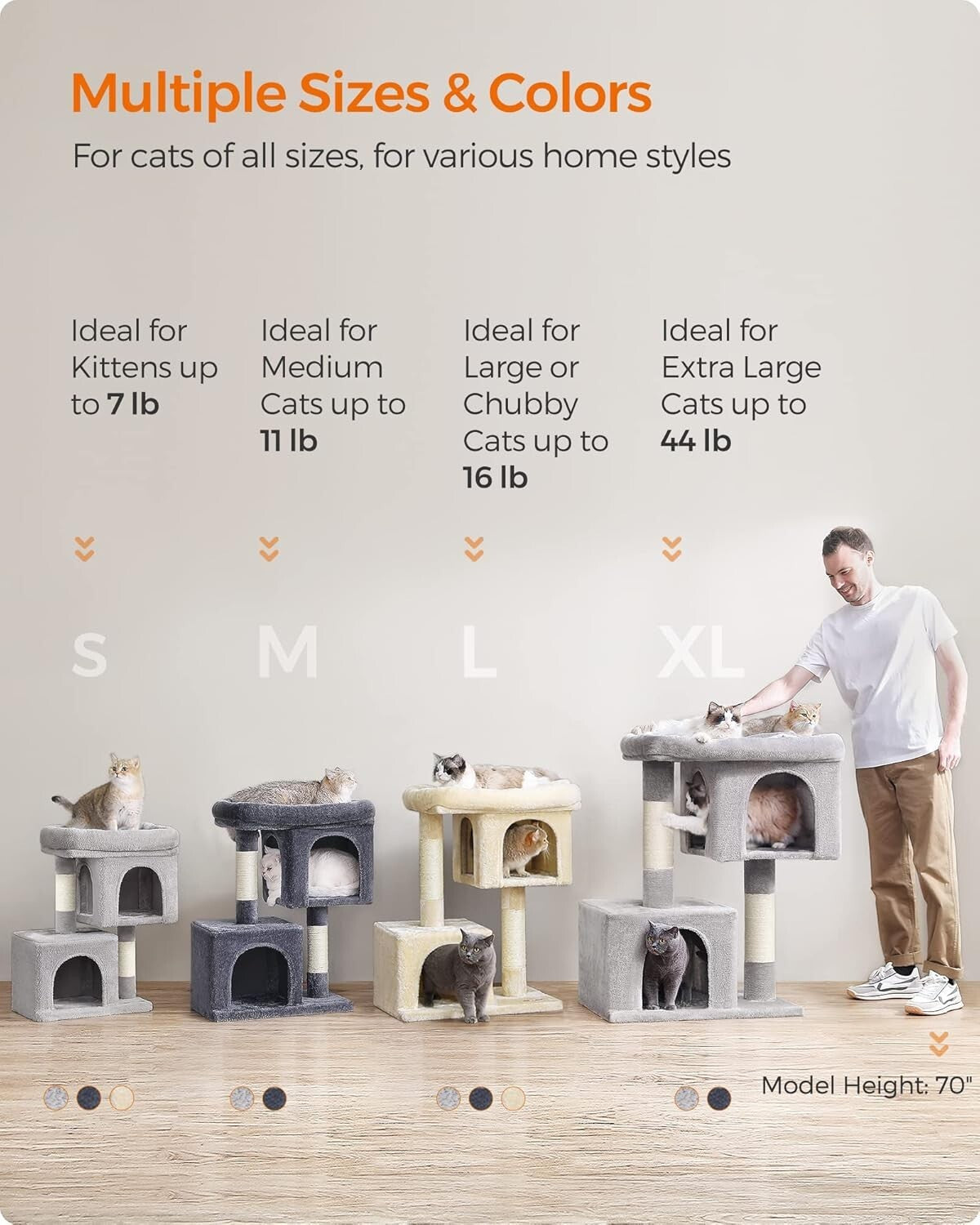 Smoky Gray 39.8" Cat Tower with Large Perch and Two Cat Caves - Stable & Durable