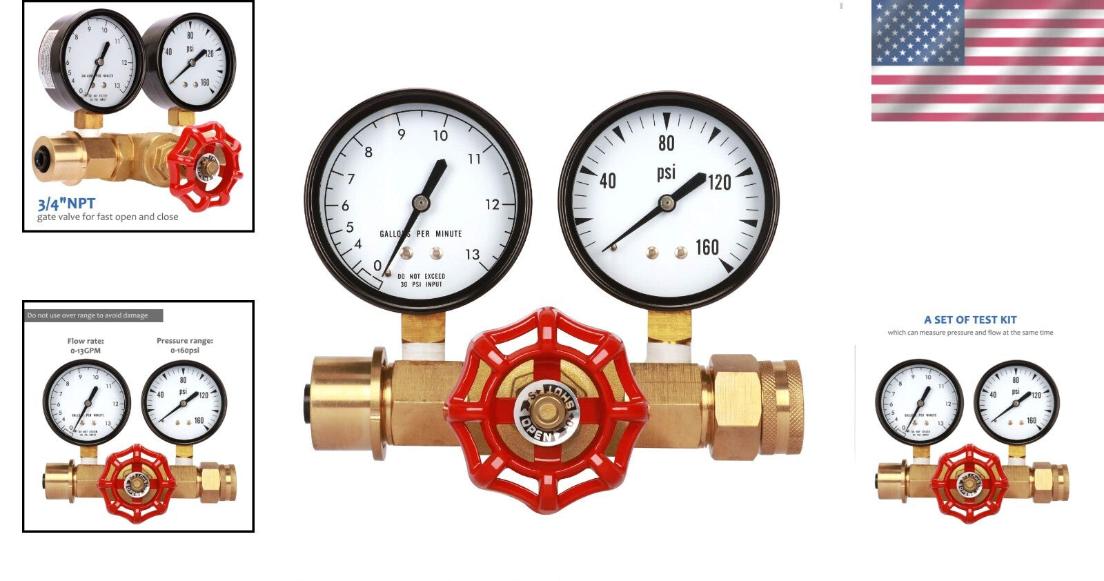 Dual Measurement Water Pressure Gauge & Flow Meter Assembly, 0-160 PSI, 0-13 GPM