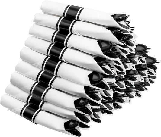 60-Pack Heavy Duty Pre-Wrapped Black Plastic Cutlery with Napkins - Elegant &...