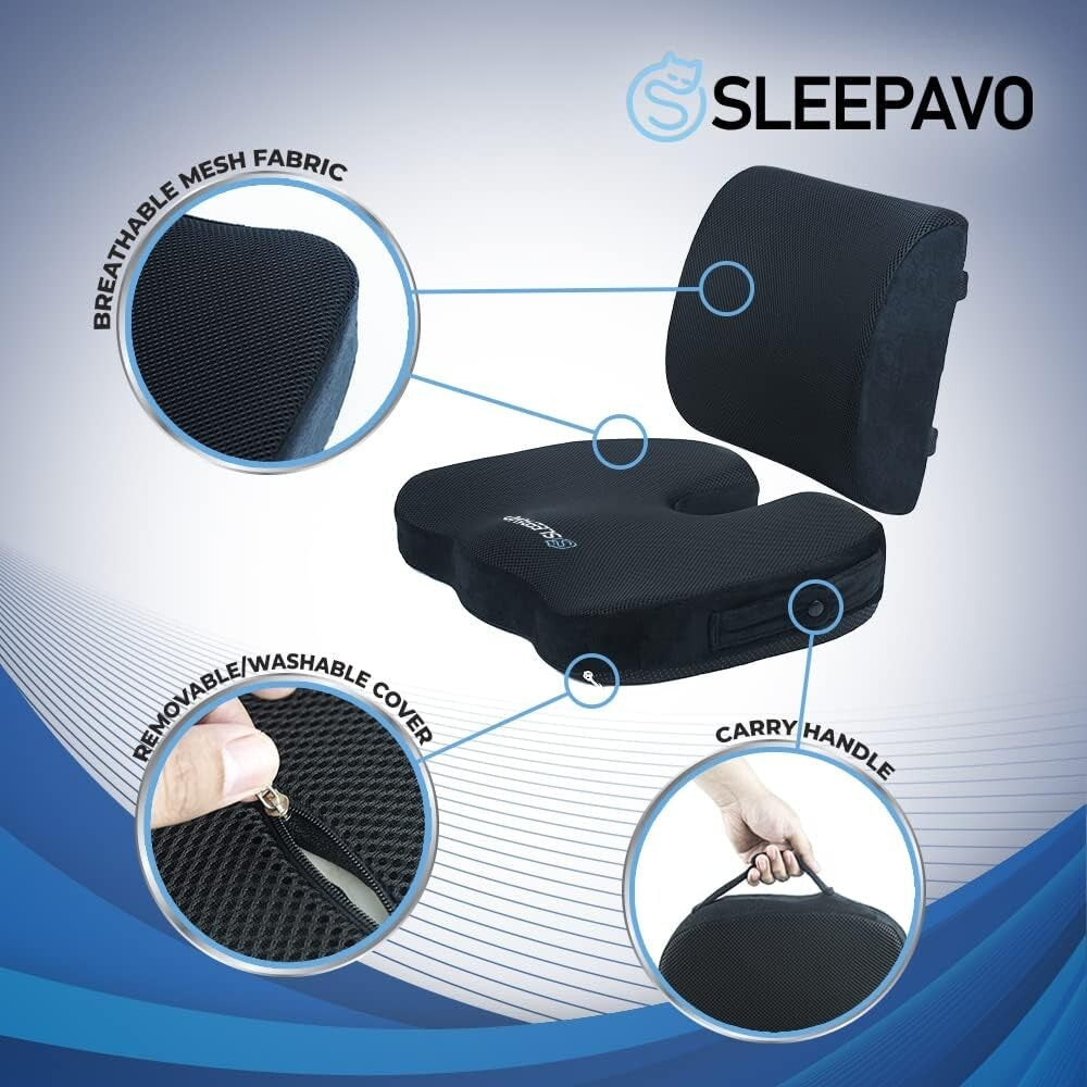 Ergonomic Memory Foam Seat and Lumbar Pillow Set - Ideal for Office, Car, Travel