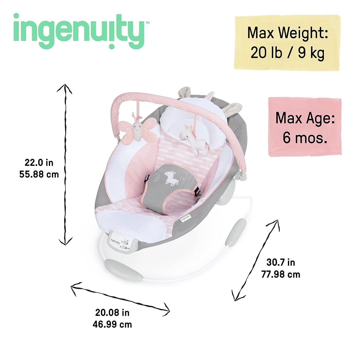 Soothing Pink Unicorn Baby Bouncer with Vibrations & 8 Melodies for Girls