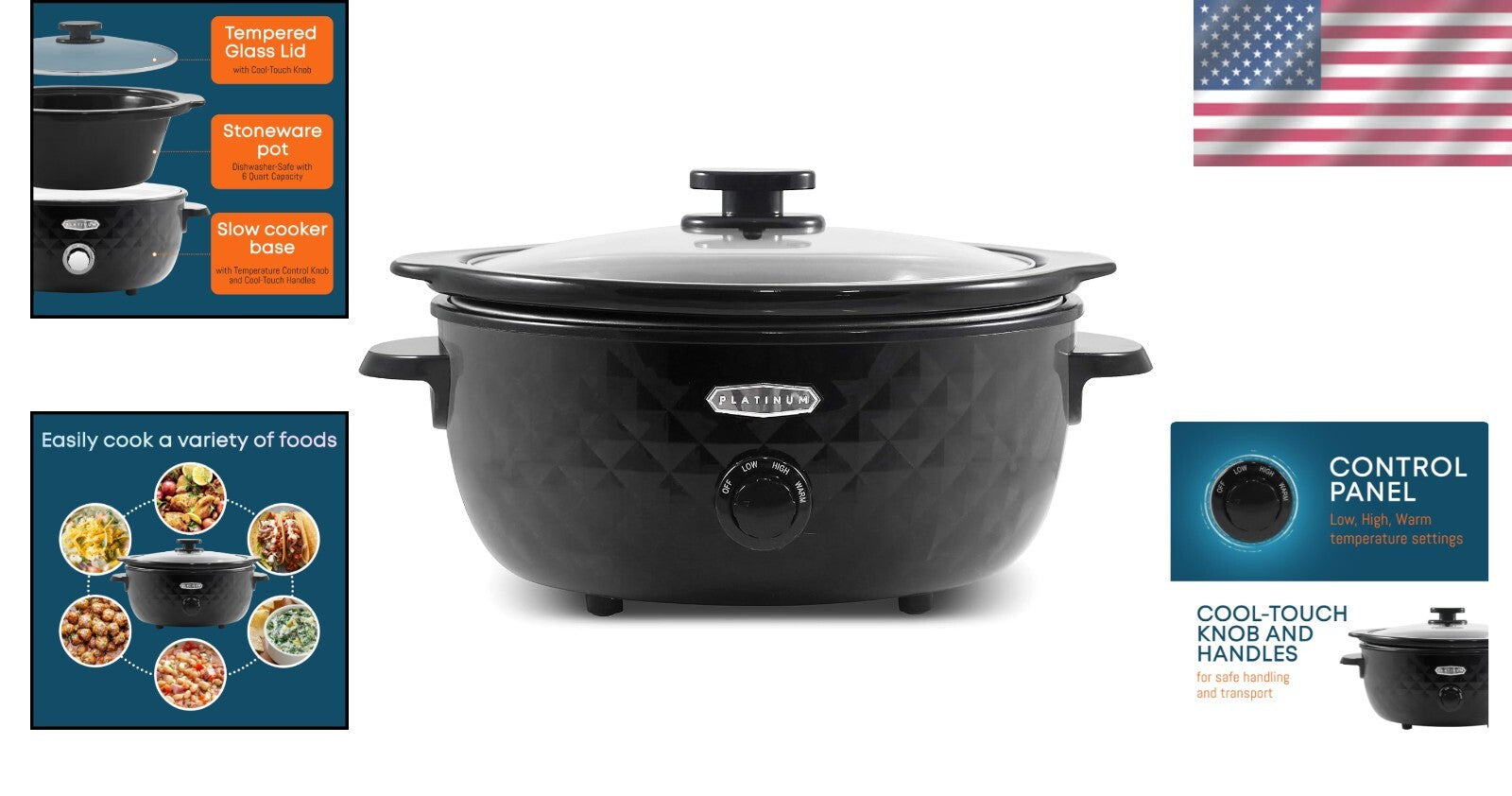 Versatile Slow Cooker with Cool-Touch Handles - 6 Quart Diamond Pattern Design